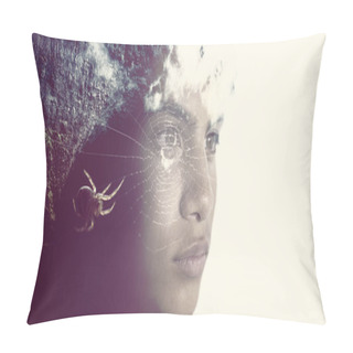 Personality  Spider On Spiderweb Against Teenage Boy Looking Away Pillow Covers
