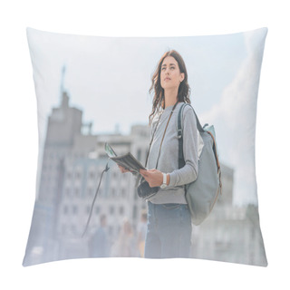 Personality  Attractive Female Tourist With Photo Camera, Backpack And Map Walking In City Pillow Covers