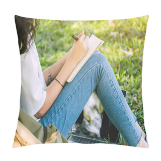 Personality  Woman With Pen Writing On A Notebook Sitting On Grass In Park Pillow Covers