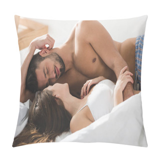 Personality  Happy Young Couple Cuddling In Bed In Sunny Morning Pillow Covers