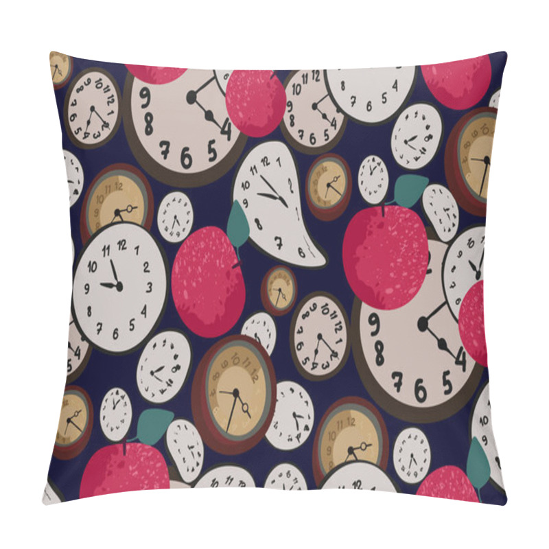 Personality  Abstract Seamless Pattern With Red Apples And Clock Faces On Dark Blue Background.Elegant Retro Design  Pillow Covers