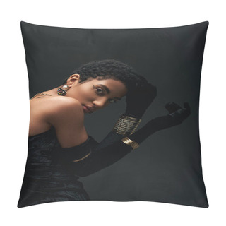 Personality  Trendy Young African American Woman In Golden Accessories, Gloves And Dress Touching Hair And Looking At Camera Isolated On Black, High Fashion And Evening Look Pillow Covers
