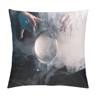 Personality  Cropped View Of Female Hands Above Crystal Ball With Smoke On Dark Pillow Covers