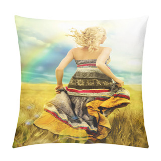 Personality  Portrait Of Romantic Woman Running Across Field From Behind Pillow Covers