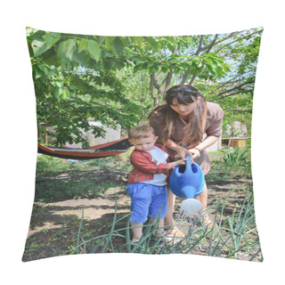 Personality  Little Boy And His Mother Watering The Garden Pillow Covers