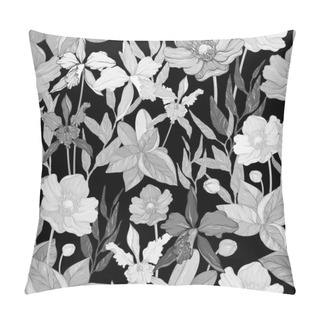 Personality  Seamless Pattern With Flowers And Exotic Plants, Pastel Grey Colors On Black Background Pillow Covers