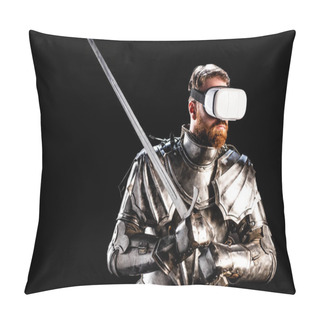 Personality  Knight With Virtual Reality Headset In Armor Holding Sword Isolated On Black  Pillow Covers