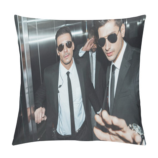 Personality  Bodyguards Stopping Paparazzi And Celebrity Covering Face With Hand In Elevator  Pillow Covers