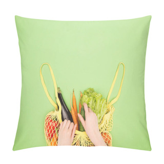Personality  Partial View Of Woman Taking Fresh Cucumber Out Of Yellow String Bag With Whole Vegetables On Light Green Surface Pillow Covers