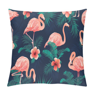 Personality  Beautiful Flamingo Bird Tropical Flowers Background. Seamless Pattern Vector. Pillow Covers