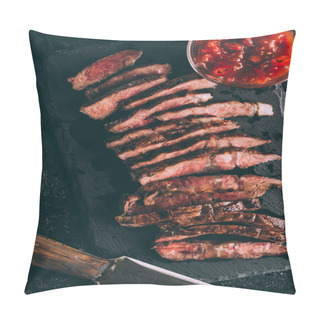 Personality  Top View Of Delicious Sliced Grilled Meat With Sauce And Knife On Black Slate Board   Pillow Covers