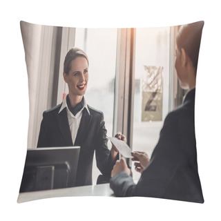 Personality  Young Businesswoman Giving Ticket To Staff At Airport Check In Counter Pillow Covers