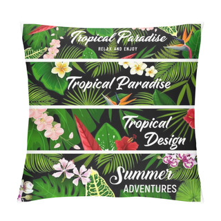Personality  Tropical Plants And Flowers Vector Banners, Exotic Palm Leaves And Blossoms. Floral Cards With Tropic Hawaiian Flowers Exotic Hibiscus, Plumeria, Orchid And Strelitzia, Fern, Monstera And Areca Palm Pillow Covers