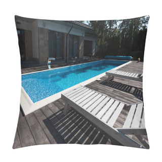 Personality  View Of House Exterior, Swimming Pool With Sunbeds  Pillow Covers