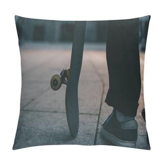 Personality  Cropped Shot Of Skateboarder Standing With Board Pillow Covers