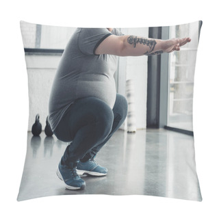 Personality  Cropped View Of Overweight Tattooed Man Doing Squats At Sports Center Pillow Covers