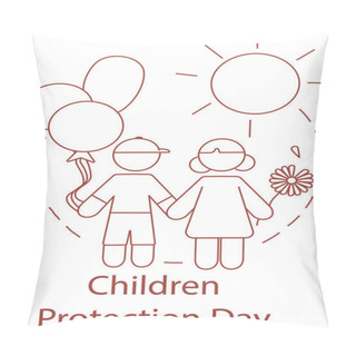 Personality  Cartoon Boy And Girl Holding Hands Near Children Protection Day Lettering On White Pillow Covers