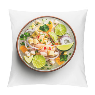 Personality  Stunning Ceviche On White Background Food Photography. Highlight The Vibrant Flavors Of Latin America's Beloved Dish In A Minimalistic And Sophisticated Way. Perfect For Cookbooks, Food Blogs, Menu Pillow Covers