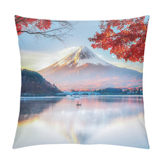 Personality  Fuji Mountain And Fisherman Boat With Red Maple Leaves In Autumn Pillow Covers