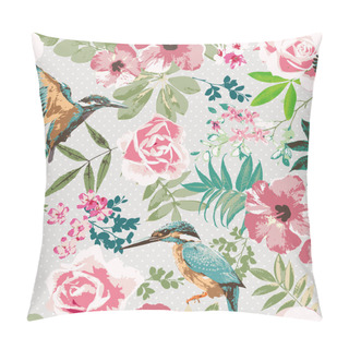 Personality  Seamless Tropical Floral With Birds On Dot Background Pattern Pillow Covers