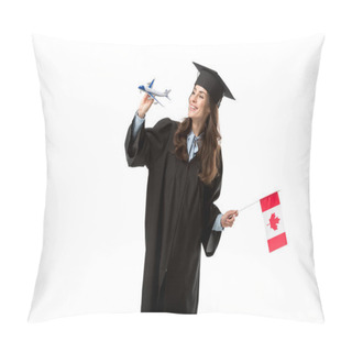 Personality  Happy Female Student In Academic Gown Holding Canadian Flag And Plane Model Isolated On White, Studying Abroad Concept Pillow Covers