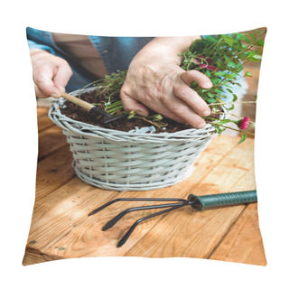 Personality  Cropped View Of Senior Woman Holding Rake Near Ground And Green Plant   Pillow Covers