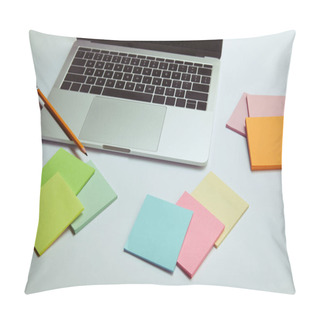 Personality  Laptop, Note Papers And Pencil On White Tabletop  Pillow Covers