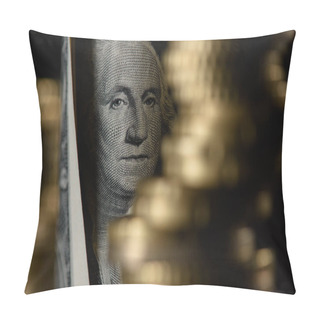Personality  Selective Focus Of Dollar Banknote And Pile Of Coins Isolated On Black Pillow Covers