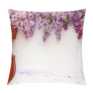 Personality  Violin And Flowers Of Lilac On A White Wooden Background. Stringed Musical Instrument.	 Pillow Covers
