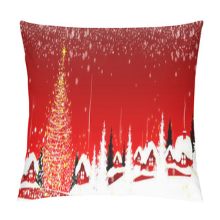 Personality  Christmas Tree And Houses On A Red Winter Background. Snowflakes, Snow, Forest. Winter Snowy Night. Pillow Covers
