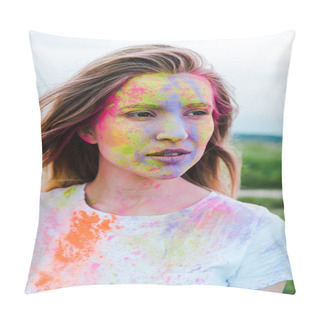 Personality  Attractive Young Woman With Holi Paints On Face  Pillow Covers