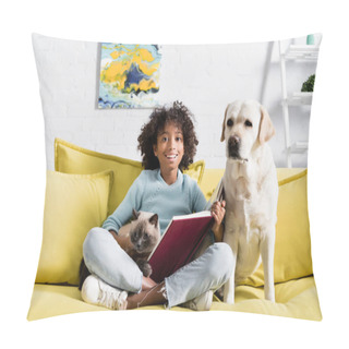 Personality  Happy Curly African American Girl With Open Book, Embracing Cat, While Sitting Near Retriever On Sofa At Home Pillow Covers