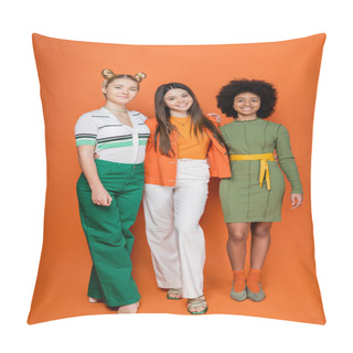 Personality  Full Length Of Stylish And Multiethnic Teenage Girls In Trendy Outfits Hugging While Posing And Looking At Camera Together In Orange Background, Teenage Fashion, Teen Models Pillow Covers