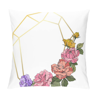 Personality  Vector Roses. Floral Botanical Flowers. Coral, Pink And Yellow Engraved Ink Art. Frame Golden Crystal. Geometric Polygon Crystal Shape. Pillow Covers