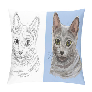 Personality  Hand Drawn Head Of Cute Russian Blue Cat. Vector Black And White And Colorful Isolated Illustration Of Horse. For Decoration, Coloring Book, Design, Prints, Posters, Postcards, Stickers, Tattoo, T-shirt Pillow Covers