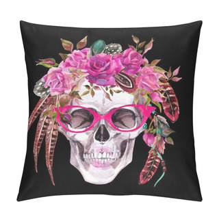 Personality  Watercolor Human Skull In Trendy Glasses And Wreath With Flowers And Feathers Wrapping Head Pillow Covers