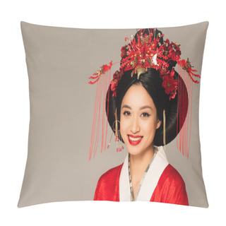 Personality  Smiling Asian Woman With Decor In Hairdo Looking At Camera Isolated On Grey  Pillow Covers