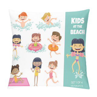 Personality Collection Of Kids Playing At The Beach. Pillow Covers