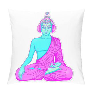 Personality  Modern Buddha Listening To The Music In Headphones In Neon Color Pillow Covers