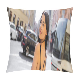 Personality  Brunette Woman Looking Away With Road At Background In Prague, Banner  Pillow Covers