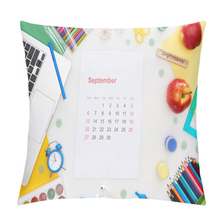 Personality  September Calendar Page, Laptop, Apples, School Supplies, Multicolored Paper, Wooden Block With September Inscription Isolated On White  Pillow Covers