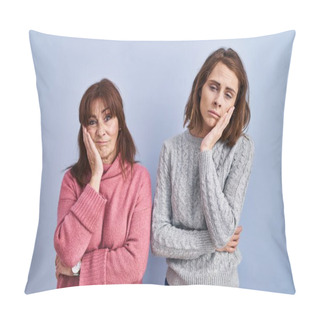 Personality  Mother And Daughter Standing Over Blue Background Thinking Looking Tired And Bored With Depression Problems With Crossed Arms.  Pillow Covers