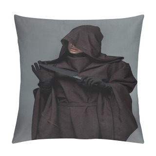 Personality  Woman In Death Costume Holding Knife Isolated On Grey Pillow Covers