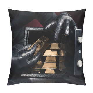 Personality  Cropped View Of Thief Stealing Gold Ingots From Safe Pillow Covers