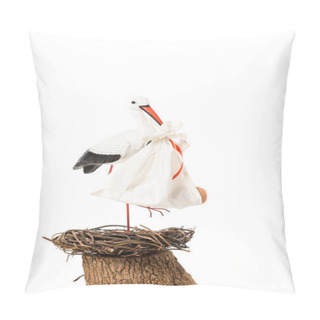 Personality  Decorative Stork Holding In Beak Baby Nappy And Standing In Wicker Nest Isolated On White Pillow Covers