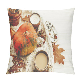 Personality  Happy Thanksgiving Concept. Pumpkin, Coffee, Candle, Fall Leaves, Berries, Nuts, Acorns, Cotton, Cinnamon On Sweater And Rustic White Wood. Seasons Greetings. Cozy Autumn Image Pillow Covers