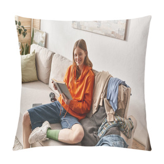 Personality  Happy Teenager Reading Book While Sitting On Sofa Next To Messy Pile Of Clothes In Apartment Pillow Covers