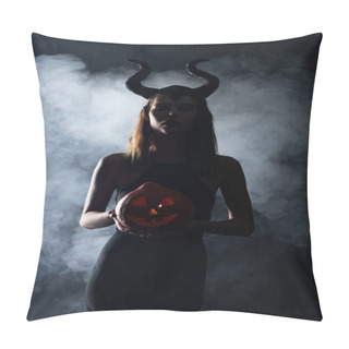 Personality  Silhouette Of Woman With Horns Holding Spooky Pumpkin On Black With Smoke  Pillow Covers