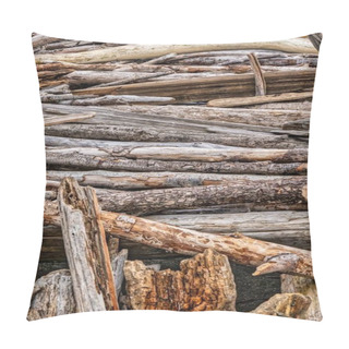 Personality  Mendocino, United States - February 16 2020: Drift Wood That Washed Ashore On The Beach Has Been Used For A Shelter Or Hut And Seen As Close Up Pillow Covers