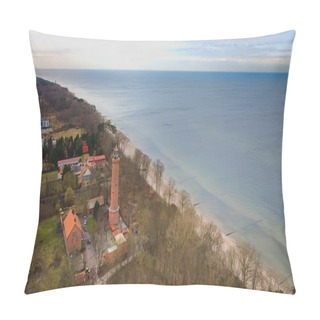 Personality  A Drone Shot Displays Gaski Beach, West Pomeranian Voivodeship, Poland, With A Red Brick Lighthouse, Baltic Sea, Sandy Beach, Leafless Dune Trees, Holiday Cottages, Hotels, And Homes. Possibly Calm Sea. Captured In February Winter. Pillow Covers